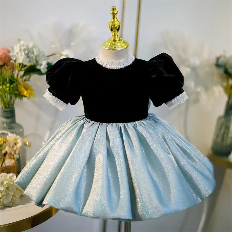 Vestidos personalizados con mangas abullonadas, Color Patchwork, cuello redondo, flores para niñas, vestido de baile plisado, Vestidos de princesa, cumpleaños sencillo y dulce para niños