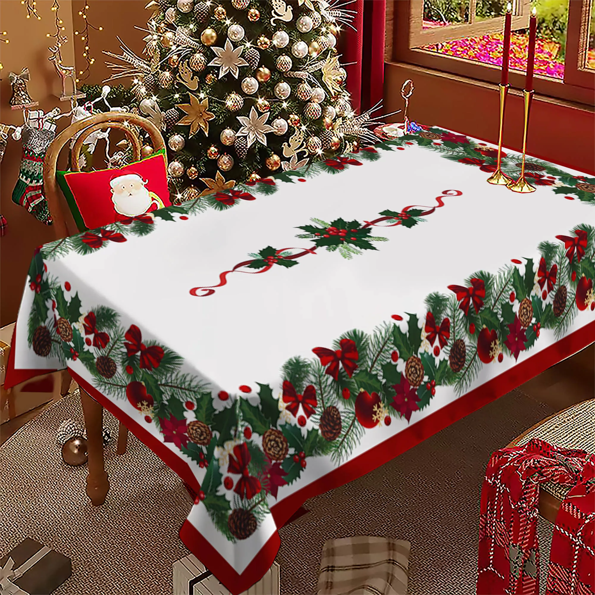 Christmas Tablecloth Rectangle, Christmas Decorations For Home Poinsettia Table Cloth Festival, Suitable for Parties/Dinners