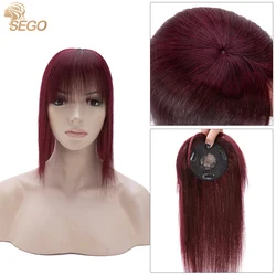 SEGO 10''-20'' 8.5x8.5cm Small Human Hair Topper Remy Natural Hairpieces with Bangs for Women Small Toupee Bang 3 Clips ins