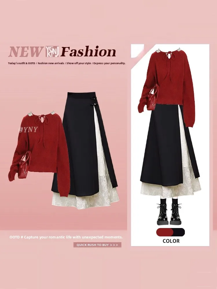 

Red Knitted Sweater And Mesh Half Skirt Two-Piece Set High Waist Midi Skirt Short Sleeve V-Neck Autumn Winter Casual Fashion