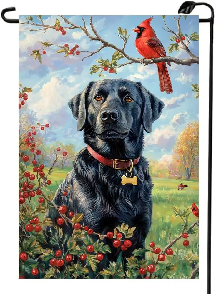 Spring Summer Garden Flags for Outside 12x18 Double Sided, Small Burlap Black Lab Dog Cardinal Floral Garden Flag Spring Sum AAS