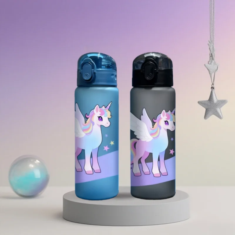 Taza de agua con patrones de unicornio impresa en 3D de 780ml con botella de agua manual para exteriores, sin PVC, a prueba de fugas, acabado mate resistente a la decoloración