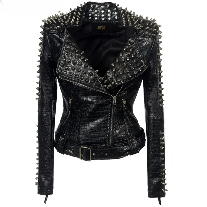 Women's Plus Size Studded Faux Leather Jacket Punk Biker Coat Slim Fit Black Motorcycle Jacket with Studs Rock Streetwear Coats