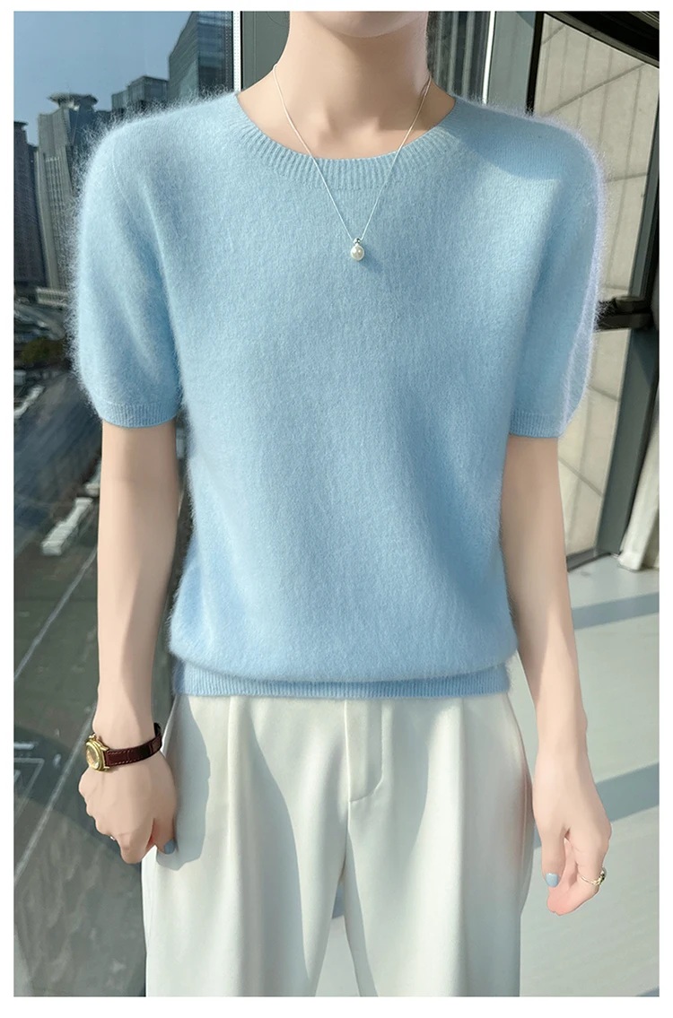 Neuer gestrickter Damen-Pullover aus 100 % Nerz-Kaschmir mit kurzen Ärmeln, einfacher und vielseitiger Damen-Pullover mit O-Ausschnitt der Marke FRSEUCAG – Detail 14