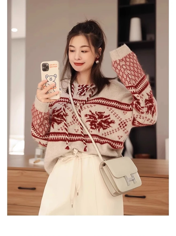 

100% Merino Wool Women's Hoodie Loose Autumn/Winter Casual Fashion Knitted Hoodie Cashmere Sweater