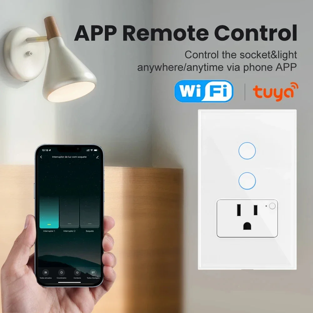 Tuya Wifi 1/2gang Touch Switches US Mexico Standard Socket, Tempered Glass Panel, Smart Switch Work with Google Home/ Alexa