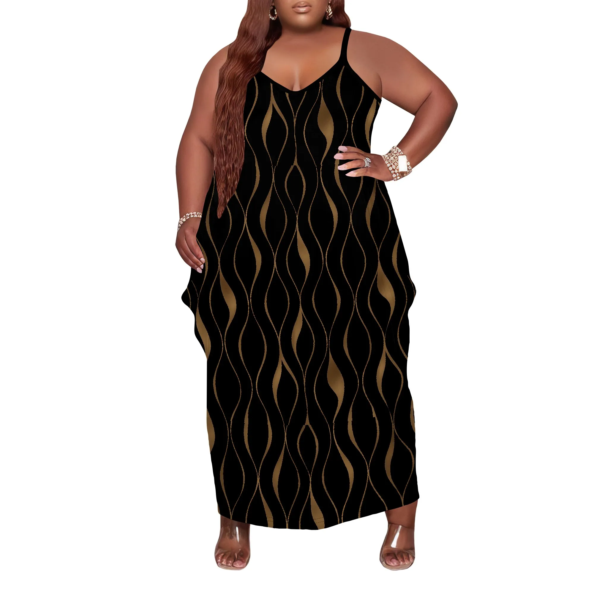 

Women's Casual Maxi Dress Sleeveless Tie Dye Spaghetti Strap Summer Plus Size Swing Sundress with Pockets