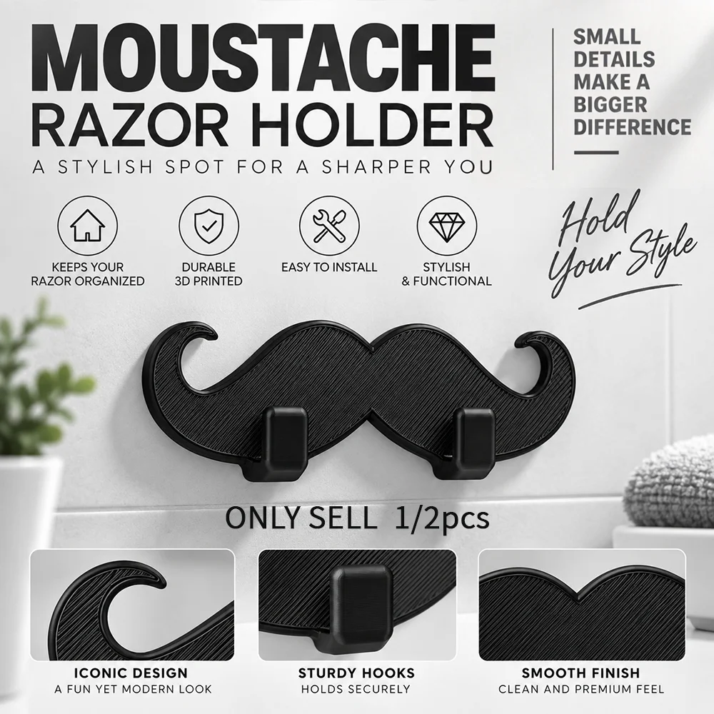 Beard-Shaped Wall-Mounted Razor Holder, Glue-Free Razor Hook for Bathroom, 3D Printed Beard Design Manual Razor Storage Rack, Men's Bathroom Grooming Organizer, for Storing Manual Razors