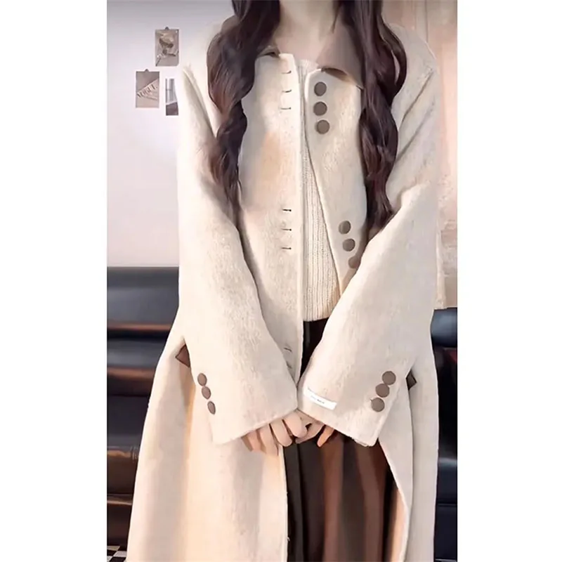 Winter Ladies Long Sleeved Wool Jacket Autumn Female Medium Length Blend Outwear Korean Women Fashion Loose Thicken Woolen Coat