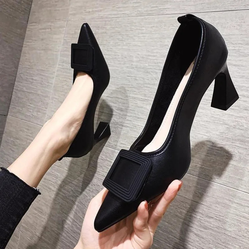 Ladies Summer Footwear Pointed Toe Shoes for Women 2024 Pumps Black Square Heels High Office on Heeled Fashion Elegant Dress Y2k