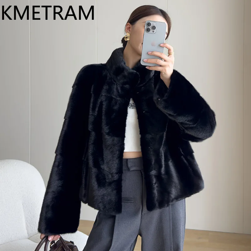 سترة KMETRAM 100% من فرو المنك بالكامل للنساء بياقة واقفة سترات قصيرة من الفرو الحقيقي باللون الأسود لشتاء 2025 جديدة في معاطف ملابس نسائية #4