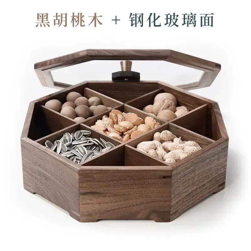 Solid wood fruit box Chinese-style household compartment with cover nut tray dried fruit snack storage box