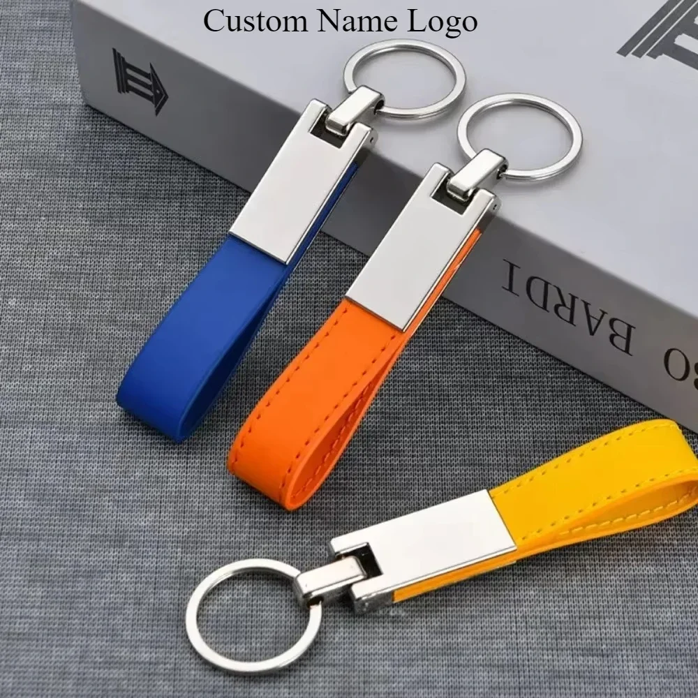 Personalized Creative Metal Car Keychain Men Genuine Customized Laser Logo Leather Keyring with Key Ring Chain Accessories Gift