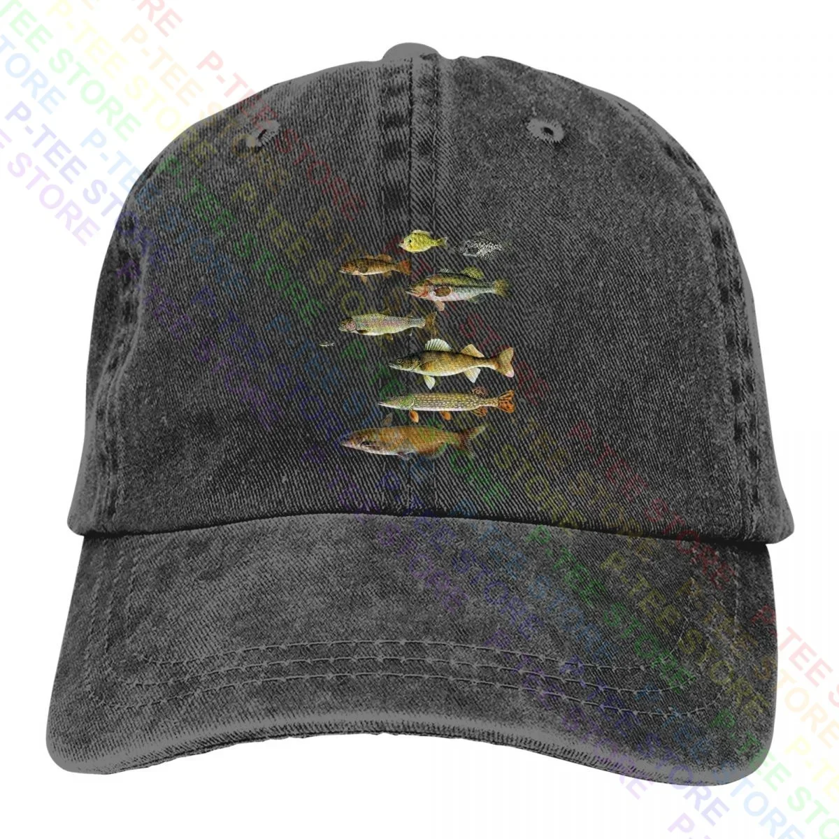 Fish Fishing, Crappie Walleye Bass Trout Catfish Minnow Washed Denim Baseball Cap Trucker Hats Design