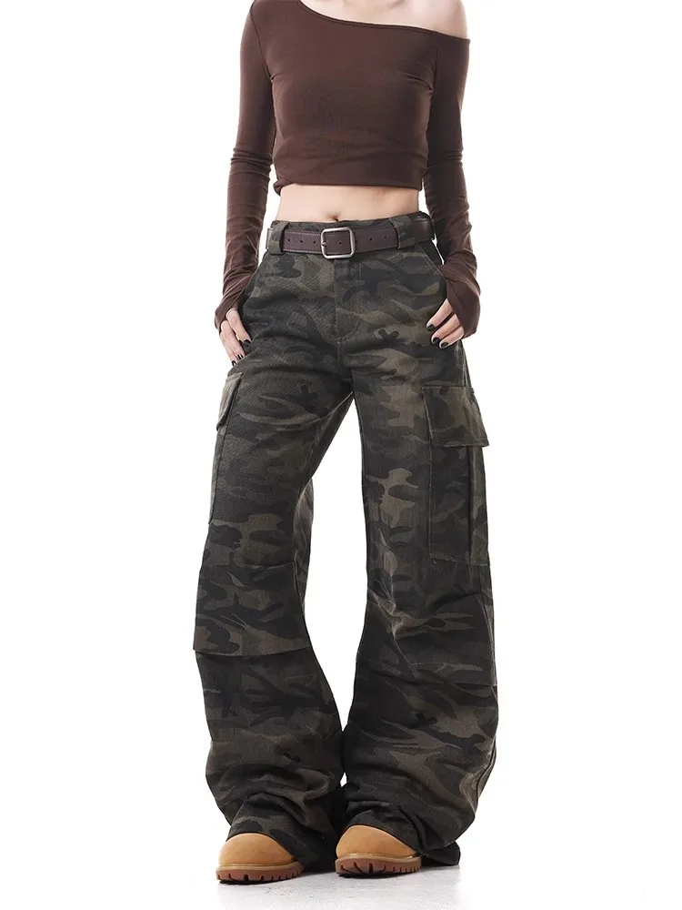 

Retro American Camouflage Work Pants Loose Straight Leg Waed Multket Casual Floor Length Trousers Trendy Men Women