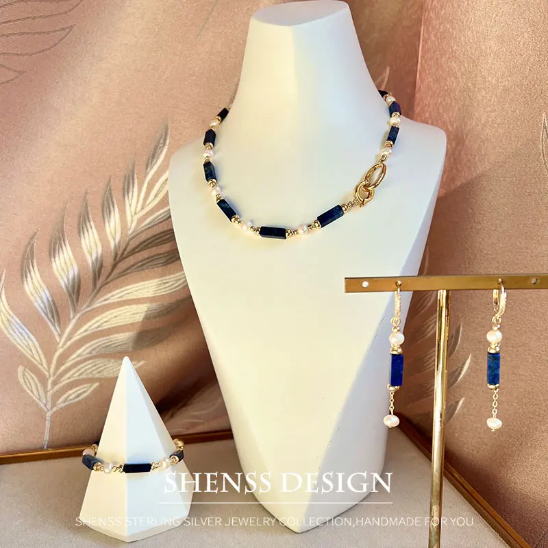 Exclusive Design Personalized Natural Freshwater Pearl Lapis lazuli Necklace Bracelet Earrings Copper Plated 14k Gold Accessorie