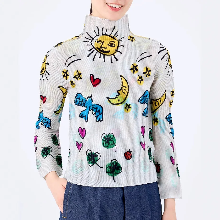 

Miyake Fashion Pleated Women T-shirt New 2024 Print Stand Collar Long Sleeve Silm Casual Female Versatile Spring Tops