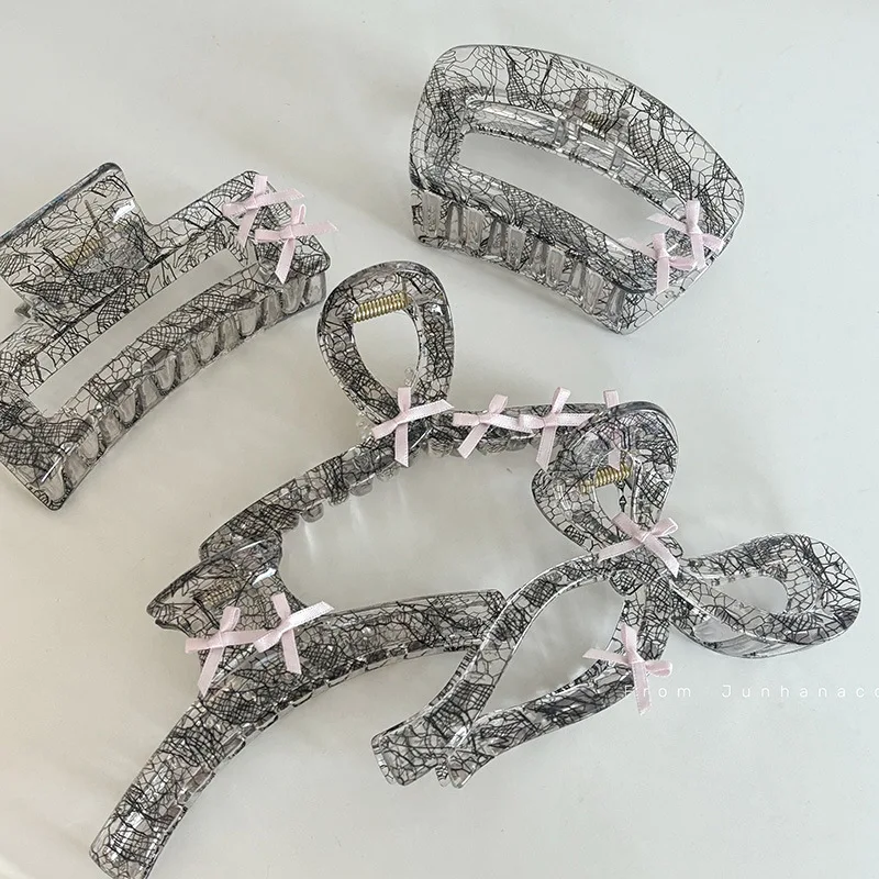 Pink Lace Bow Claw Clip Female Temperament High Sense Shark Clip Korean Style Back Head Updo Hair Clip Head Accessories