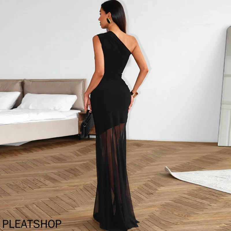Off Shoulder See Through Dress Solid High Waist Patchwork Backless Slim Long Dress Women Vacation Party Evening Dresses