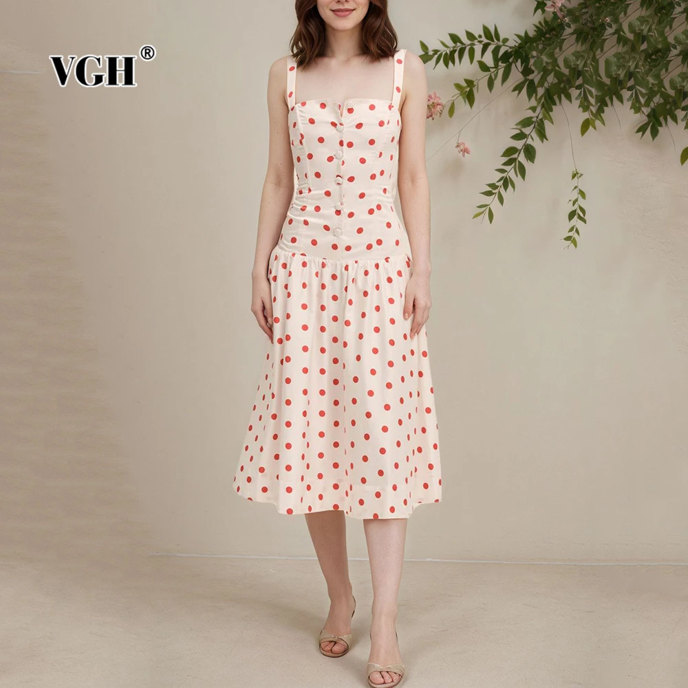 

VGH French Style Slimming Printing Dresses For Women Square Collar Sleeveless High Waist Summer Casual Dress Female Fashion New