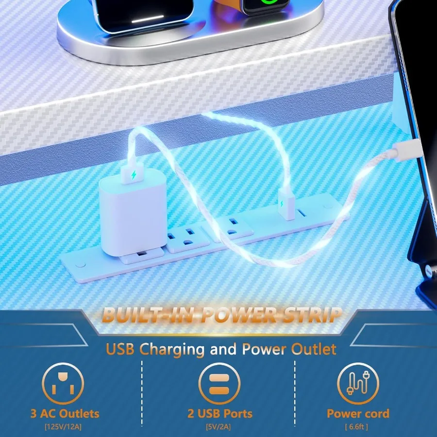 مكتب ألعاب أبيض مقاس 39 بوصة مع أضواء LED ومخرج طاقة مدمج ومكتب كمبيوتر على شكل حرف L مع أرفف تخزين وشاشة #5