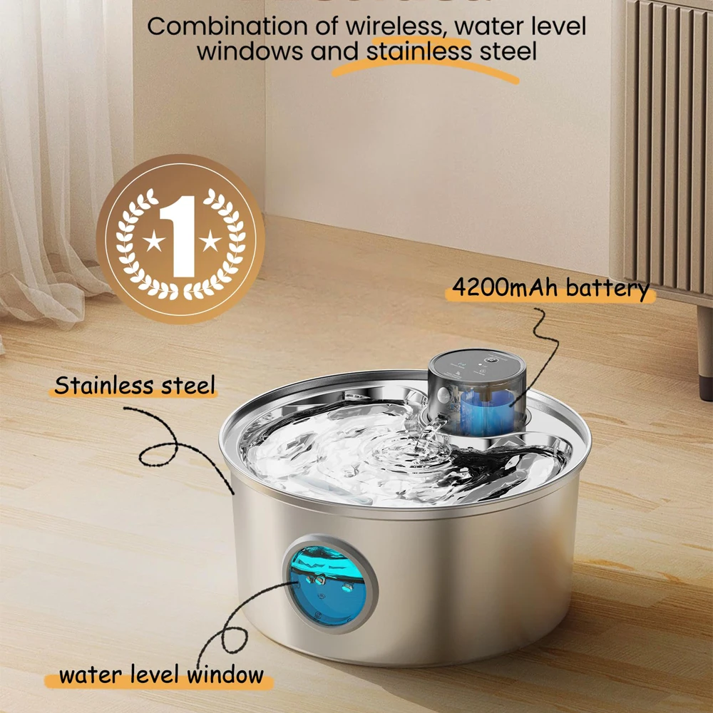 3L Stainless Steel Wireless Pet Water Fountain Battery Powered Smart Induction Sensor Silent Filtration Automatic Water Fountain