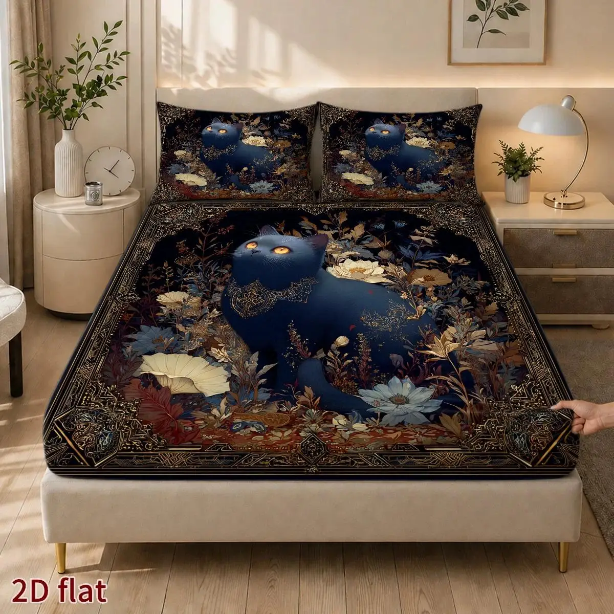 3-Piece Mattress Protector Set, 1 Fitted Sheet + 2 Pillowcases (Without Filling) 2D Flat Priting, Mattress Cover, Dark Night Blue Cat and Floral Interwoven Pattern, Gothic Luxury Painting Style, Halloween Home Decor Season, Suitable for All Seasons, Machine Washable and Easy to Care For, Suitable for Master Bedroom, Guest Room, Dormitory, Home Sleep Guardian, Dustproof, Anti-Mite, Antibacterial Design, High Quality