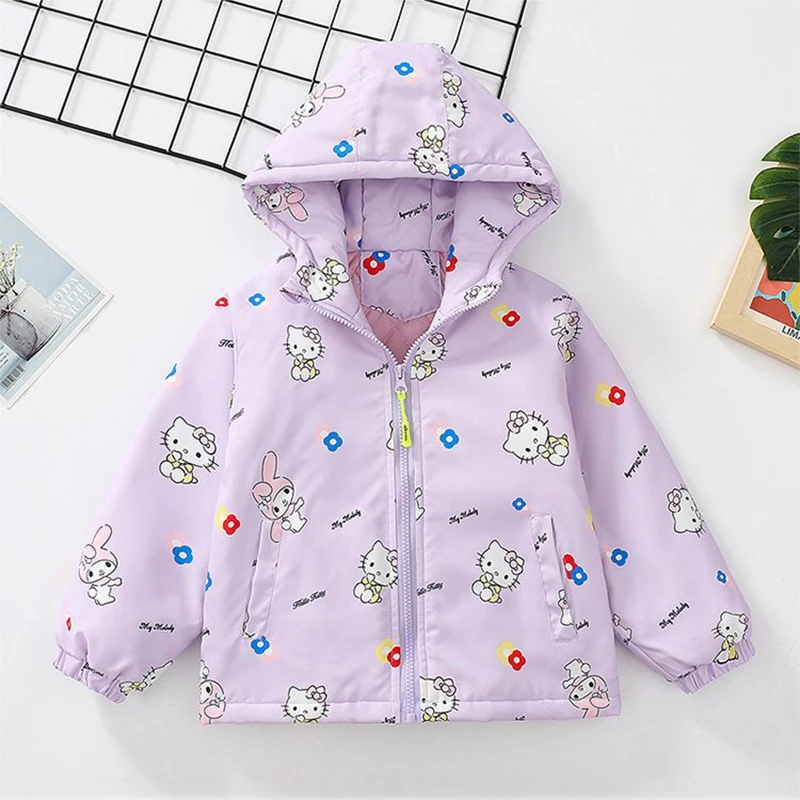 

Sanrio Hello Kitty Jackets for Girls Autumn Winter Children Cotton Padded Thicken Hooded Zipper Coats Warm Kids Casual Outerwear