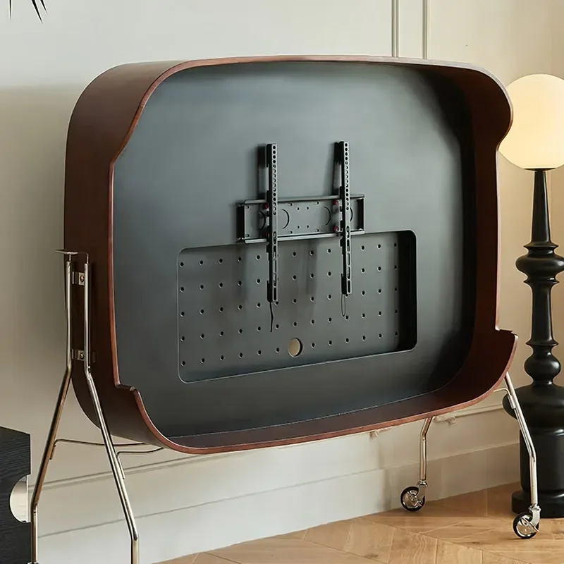 FY Retro Solid Wood Mobile TV Cabinet Removable Wall Mount Bracket with Brake for 65+ Inch Living Room TV