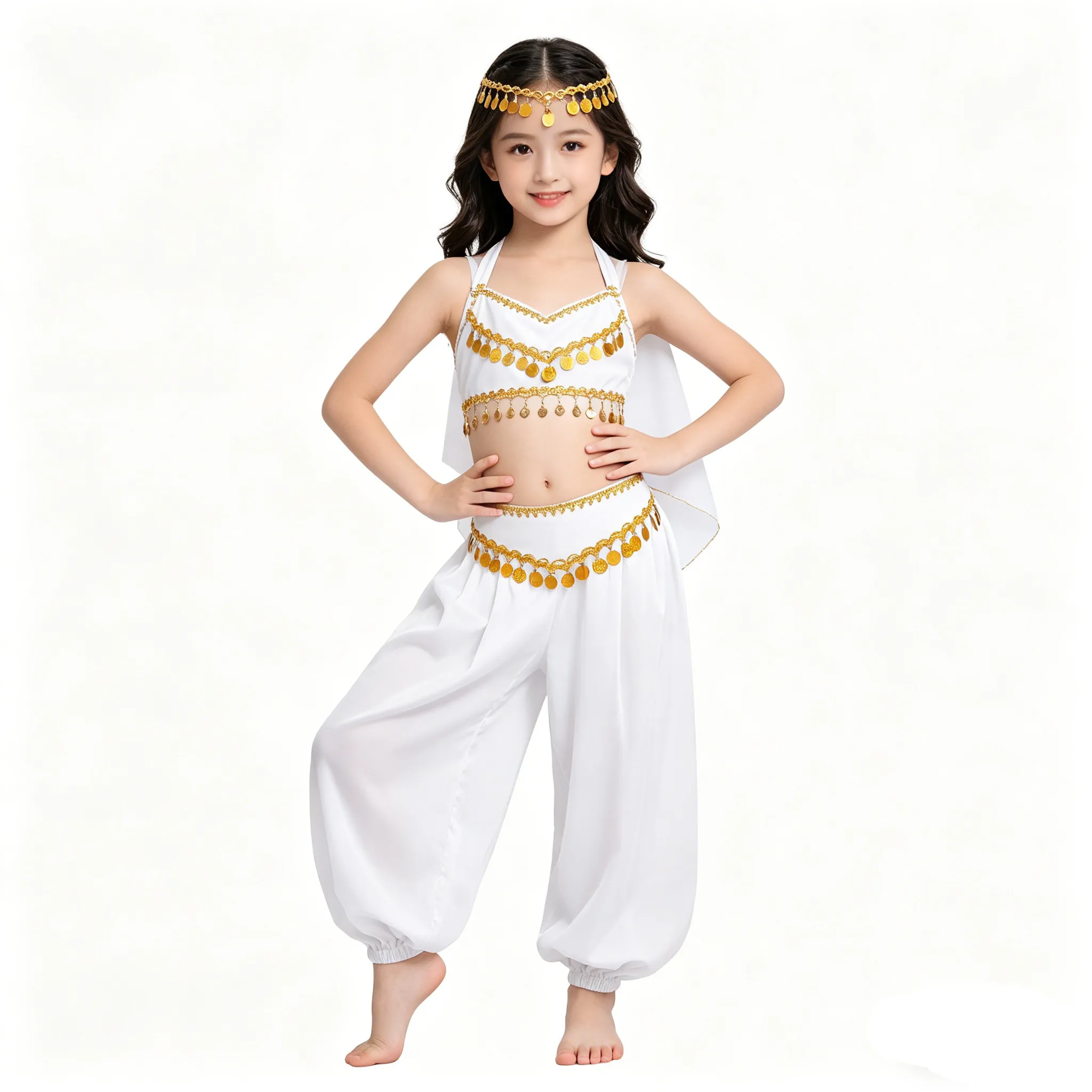 Children Girls Belly Dancing Pants Halloween Theme Party Indian Arab Princess Costume Sequin Tassels Loose Zipper Satin Bloomers