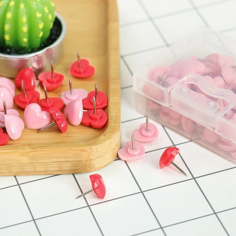 2026 New Heart Shape 50pcs Plastic Quality Cork Board Safety Colored Push Pins Thumb Tack Office School Accessories Supplies