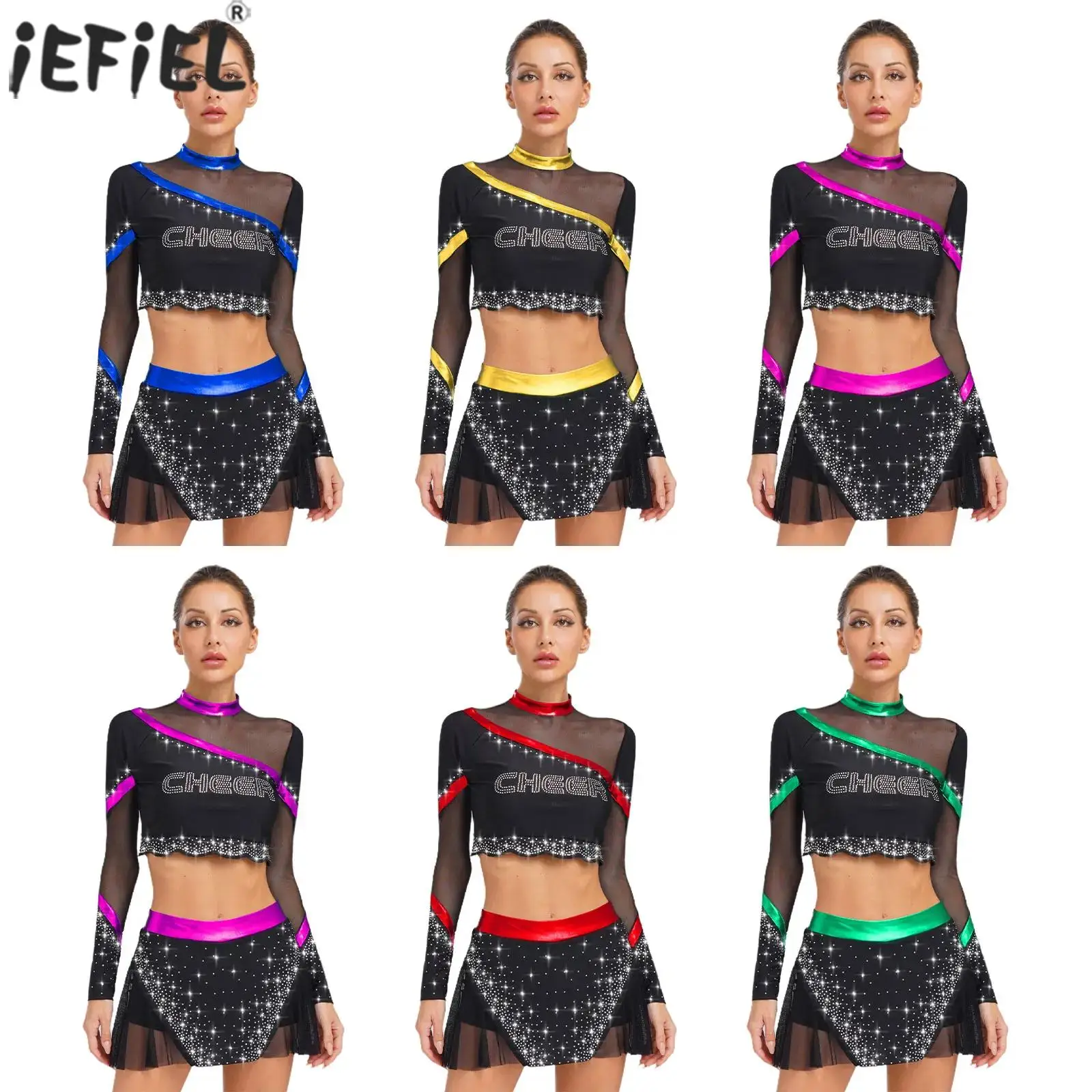 

Women's High-Compression Cheer Set Long Sleeve Crop Top Pleated Skirt Set Competition-Ready Cheerleading Dancewear