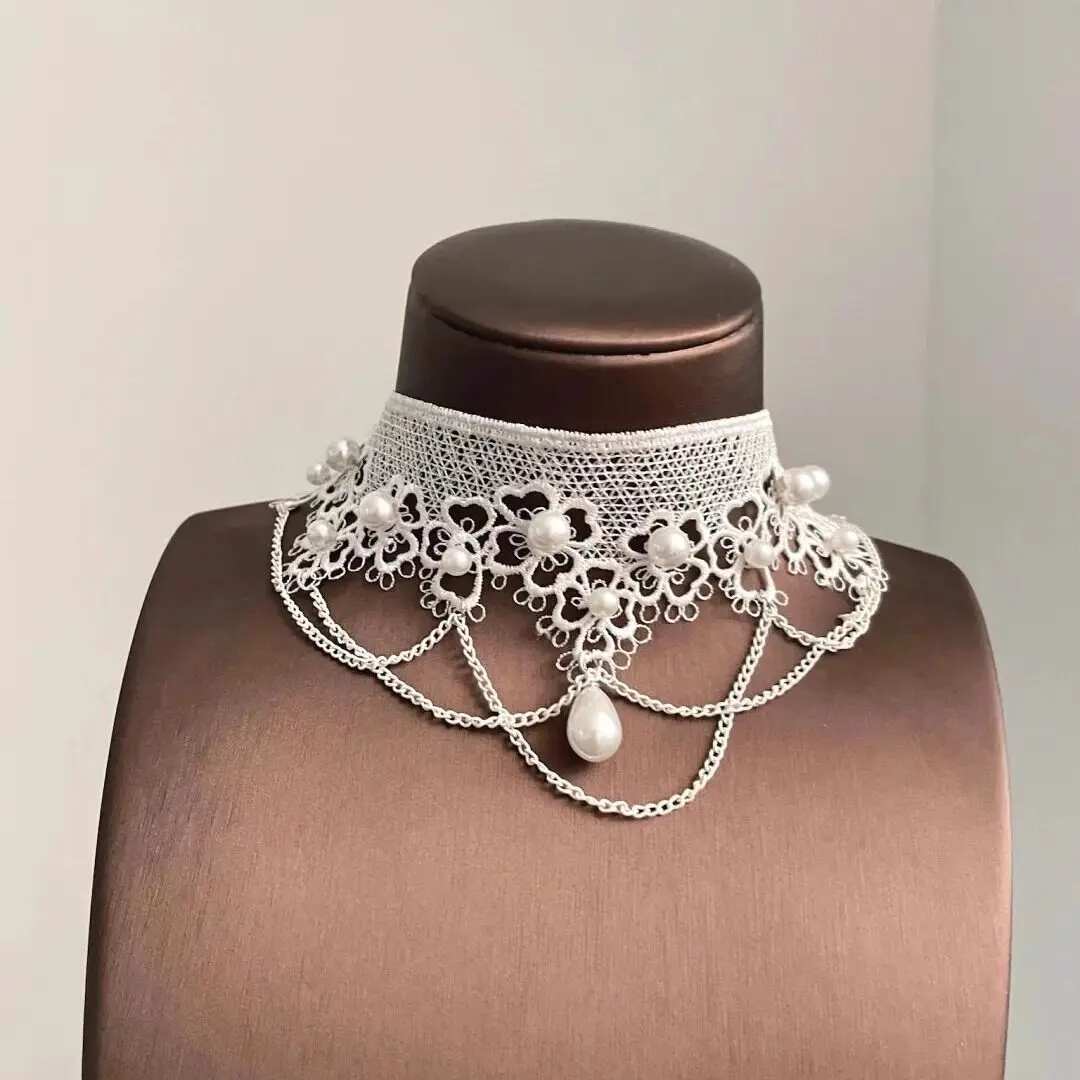 Court Style Lolita Lace Pearl Fringed Necklace European and American Style Light Luxury Niche Collarbone Chain Choker Neck Chain