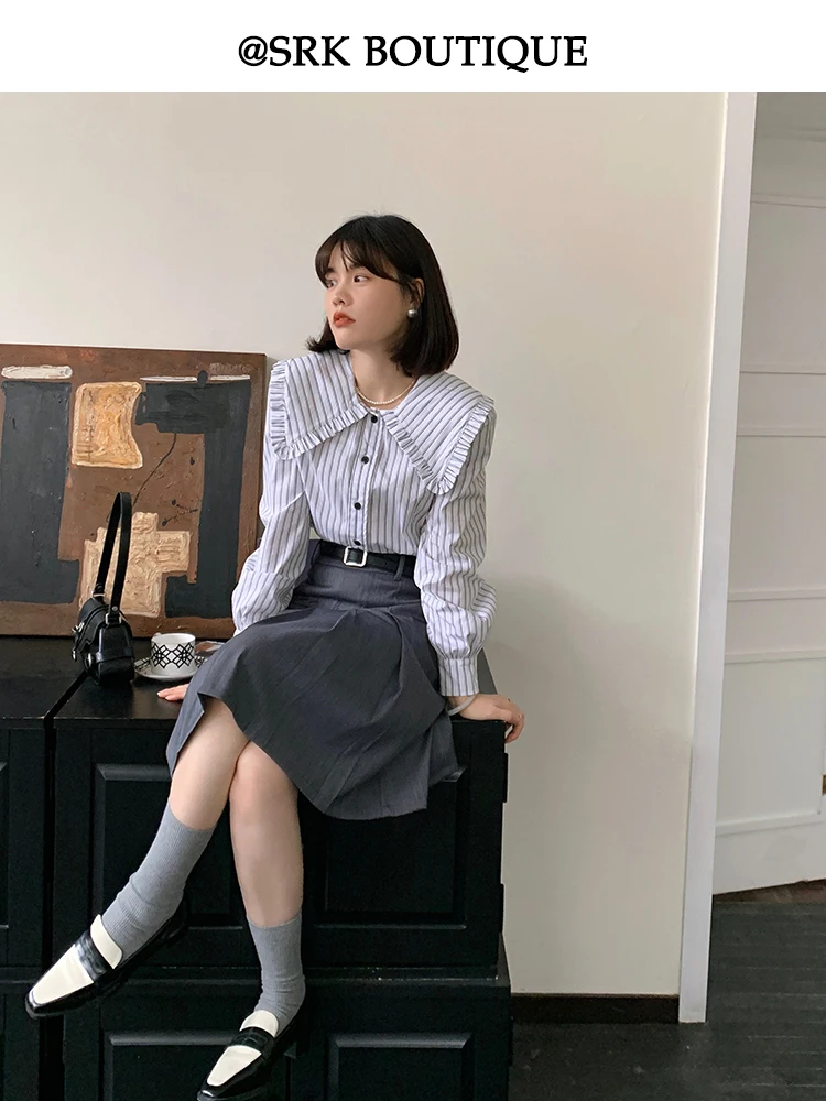 

Женская весенняя коллекция SRK irt в полоску с кукольным воротником ort Sve Cotton Casual Faion Commute Sle Regular Fit irt