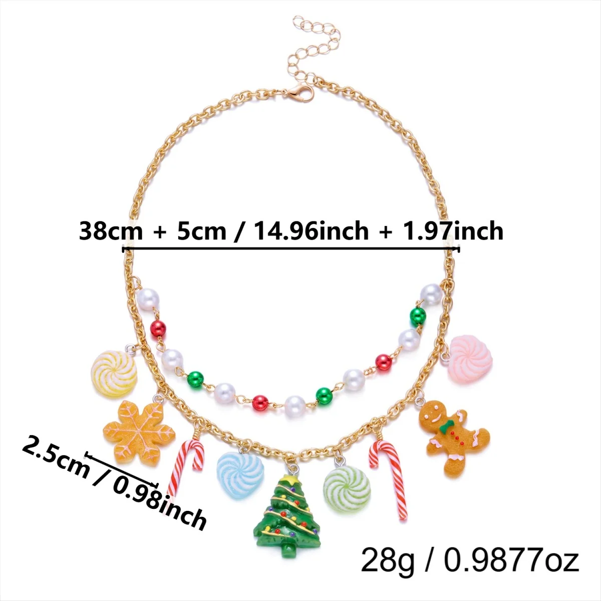 Weihnachts-Charm-Halskette mit Imitationsperlen für Damen, Emaille-Anhänger mit Lebkuchenmann, Schneemann und Rentier, verstellbarer Feiertagsschmuck, Geschenk – Detail 7