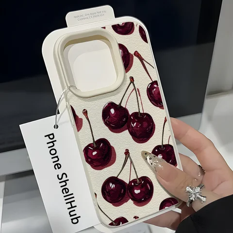 Чехол для телефона с принтом вишни и текстурой кожи для Samsung A05S A06 A07 A15 A16 A34 A35 A53 A54 S23 S25 Ultra, защитный чехол