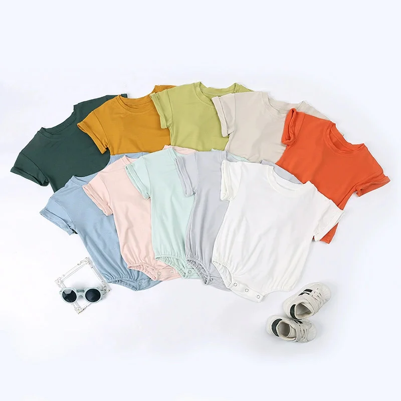 Newborn Baby Boy Girl Basic Solid Short Sleeve Romper Bamboo Fiber Button Bodysuit Summer Outfit Clothes for 3-24M Infant Onesie