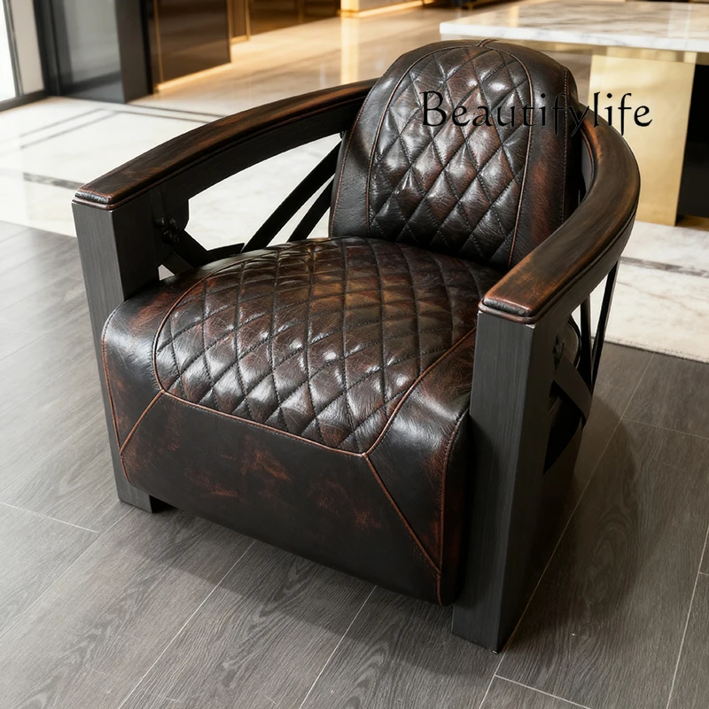 

Medieval solid wood sofa chair retro oil wax leather single sofa villa recliner leisure chair living room bar cigar chair