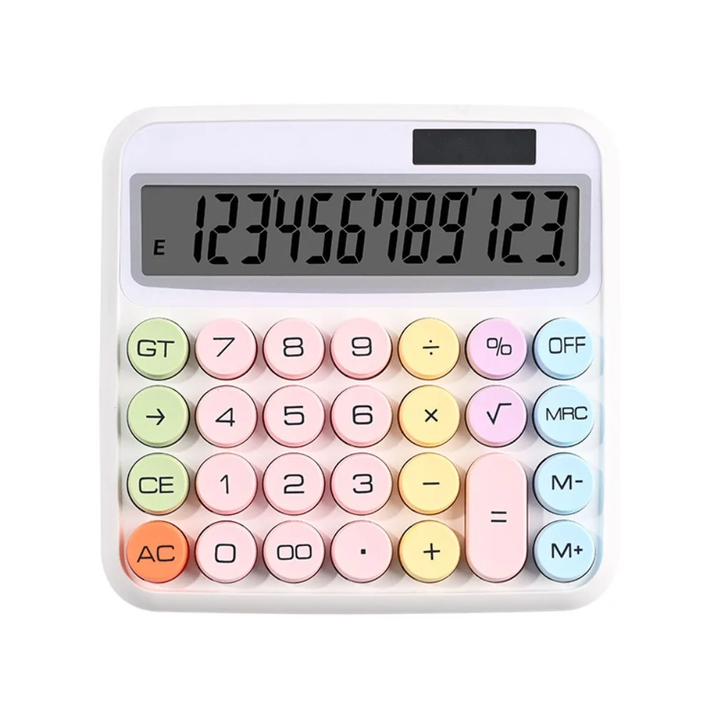 Mechanical Calculator 12 Digit Large LCD Display Big Round Button 15°Tilt Screen Cute Candy Colored Dual Power Supply Calculator
