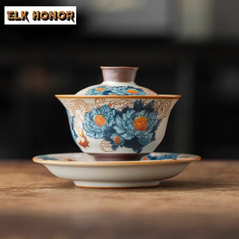 

175 мл High End Ru Kiln Golden Flower Gaiwan Винтажная чайная вареница Бытовая чайная чаша с крышкой Набор чайника Крышка Чаша Чайный набор Подарок