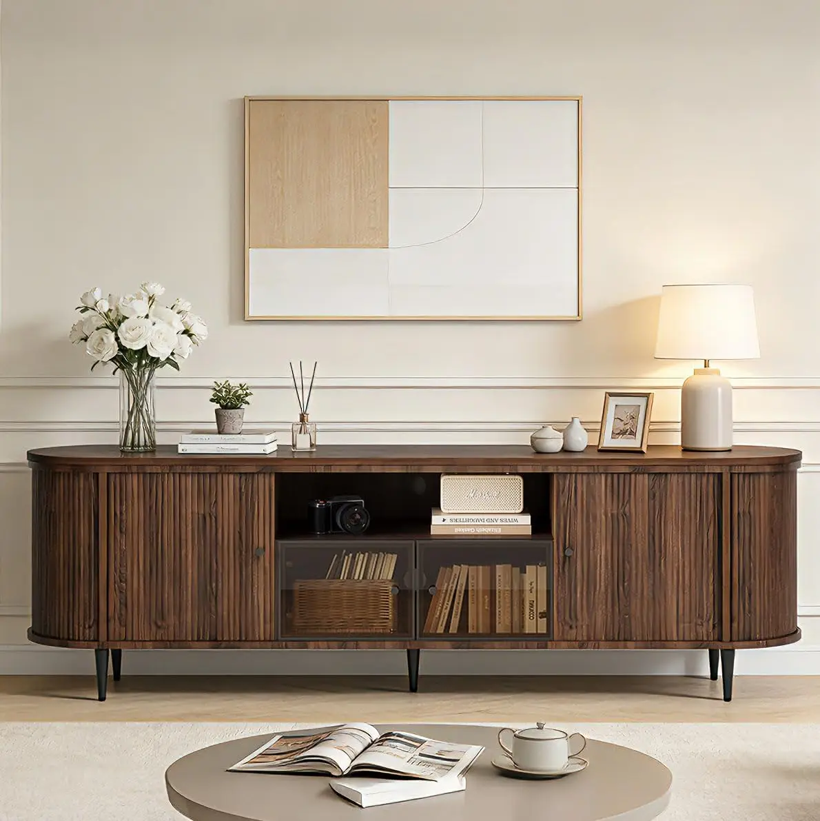 

Роскошная тумба под телевизор с рифленой отделкой, 70 дюймов, с местом для хранения, современный развлекательный центр для телевизоров до 80 дюймов, ТВ-консоль с просторным столом