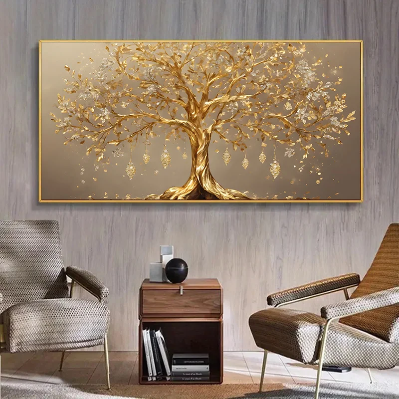2D Plane,Frameless Oversized Modern Abstract Golden Tree Canvas,Luxury Living Room Decor,Simple Beige and Gold Painting,for Home