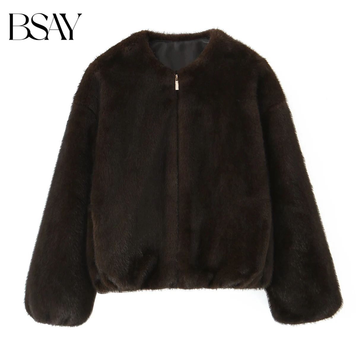 

BSAY Artificial Fur Effect Pilot Jacket for Women Fashion Autumn Winter New Solid Long-sleeved Zip Short Coats Chic Female Tops