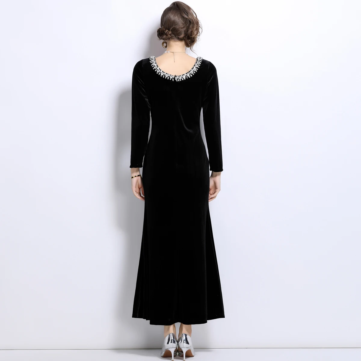 Robe sirène longue en velours perlé, robe de cocktail, robe de soirée élégante, col rond, velours formel, robe maxi, vêtements éducatifs, automne