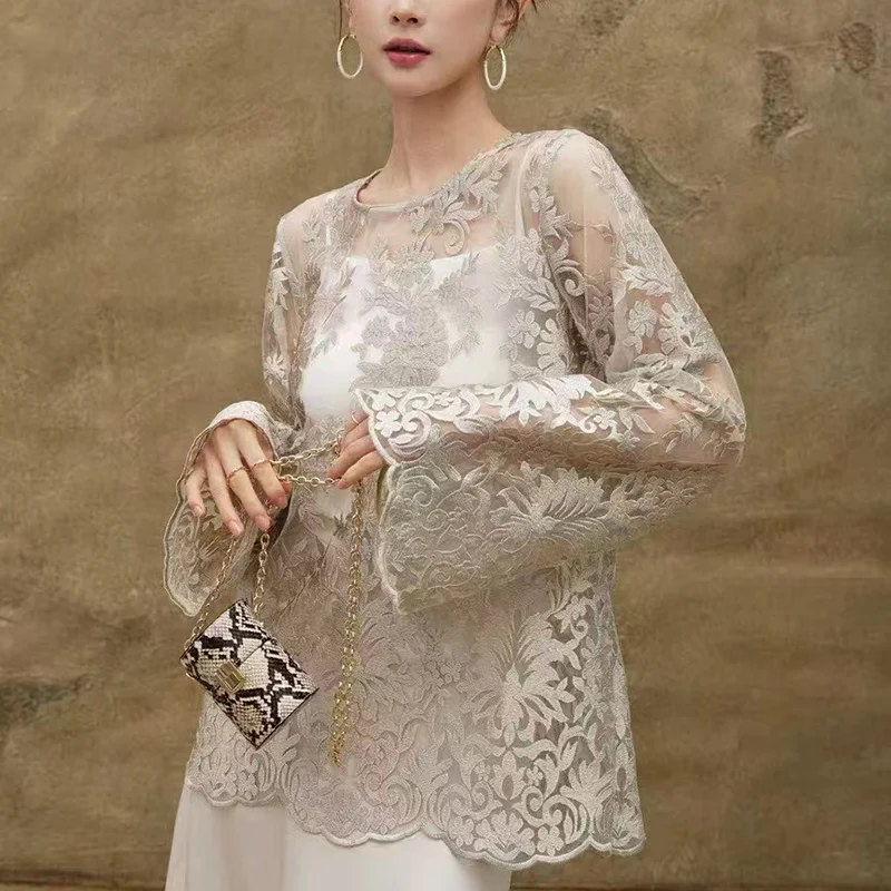 Spring/Summer New O-Neck Silver Grey Lace Embroidered Trumpet Sleeves Elegant Camisole +Shirt 2-Piece Set Women S-XL