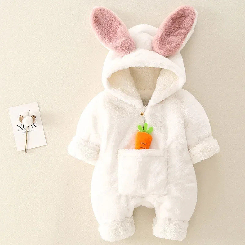 Baby Rompers Winter Warm Coral Fleece Newborn Baby Girl Clothes Cartoon Rabbit Coats Infant Jumpsuit Animal Overalls Pajamas