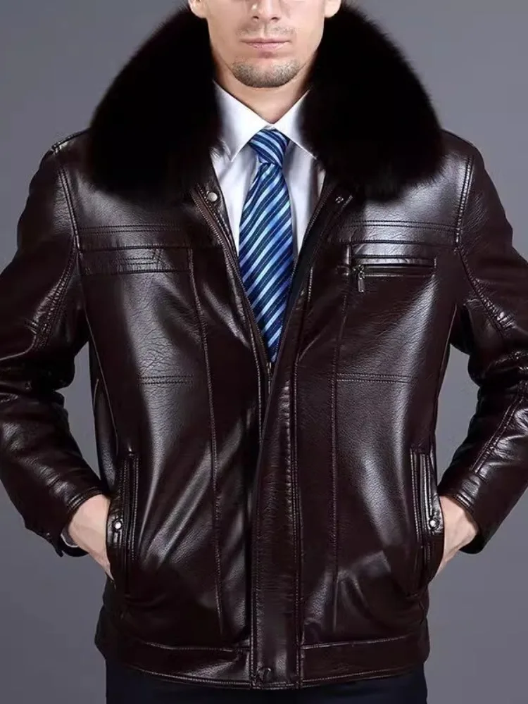 

Men's Winter Fce Lined Thiened Leather Jaet ort Sle Collar up Faionable Dad Clothes Middle-Aged Men's Coat