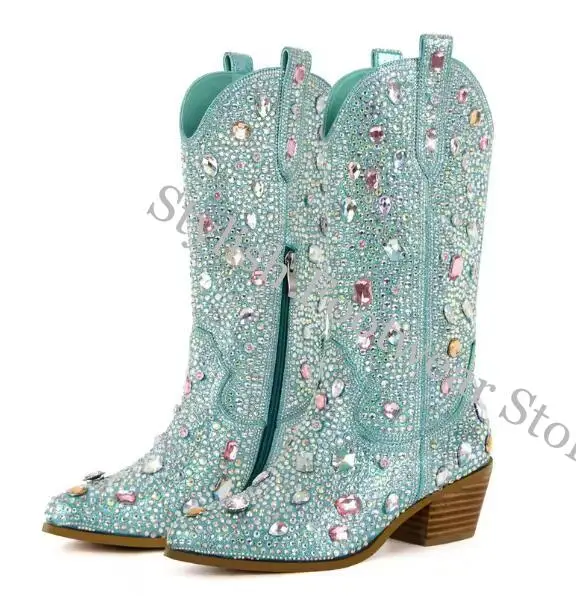 Western Style Full Multi Gem Rhinestone Mid Boots Black Blue Round Toe Women Starry Crystal Fashion Knight Booties