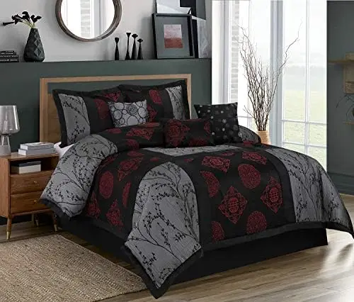 

7 Piece Comforter Set Bed in Bag Queen - Gray and Red Jacquard Patchwork - Breathable - 1 Comforter,2 Shams,3 Decorative Pillow