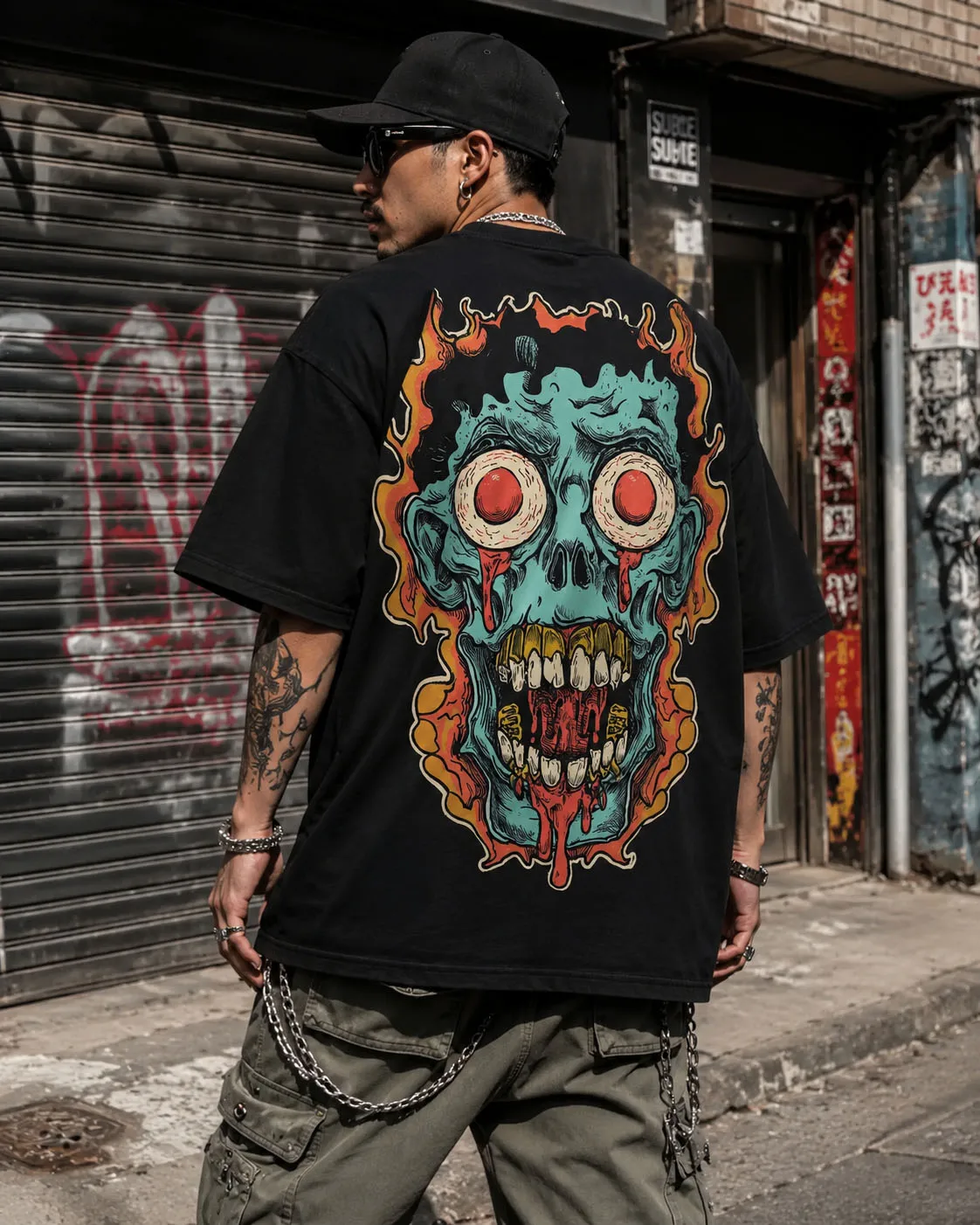 Men's Oversized Zombie Skull Pattern T-shirt, Horror Monster Head, Flame Back Print Retro Streetwear Loose Short Sleeved T-shirt